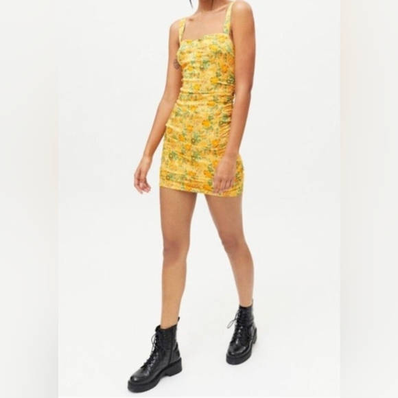 Urban Outfitters Claira Ruched Bodycon Square Neck Mini Dress Yellow & Orange- L - Picture 4 of 16
